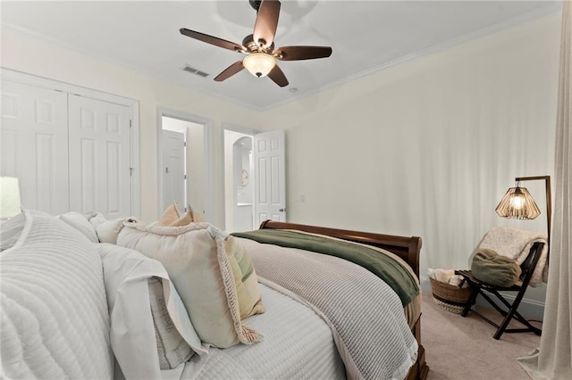 4896 Locklear Way, Marietta, GA 30066 - bedroom with light colored carpet, crown molding, ceiling fan, and a closet