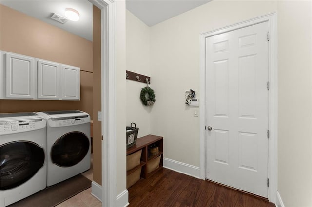 4896 Locklear Way, Marietta, GA 30066 - laundry room with independent washer and dryer, cabinet space, baseboards, and dark wood finished floors