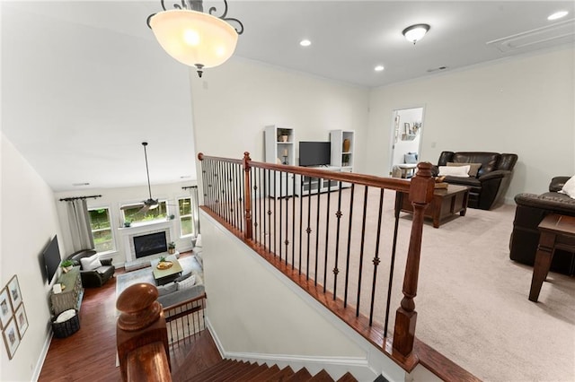 4896 Locklear Way, Marietta, GA 30066 - stairs featuring recessed lighting, a fireplace with raised hearth, and baseboards