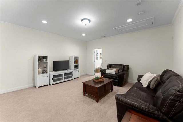 4896 Locklear Way, Marietta, GA 30066 - living room featuring attic access, crown molding, light carpet, recessed lighting, and baseboards