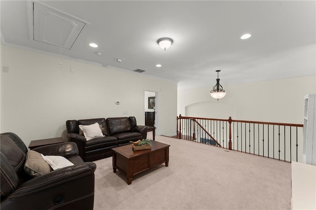 4896 Locklear Way, Marietta, GA 30066 - living area with attic access, recessed lighting, light carpet, and crown molding