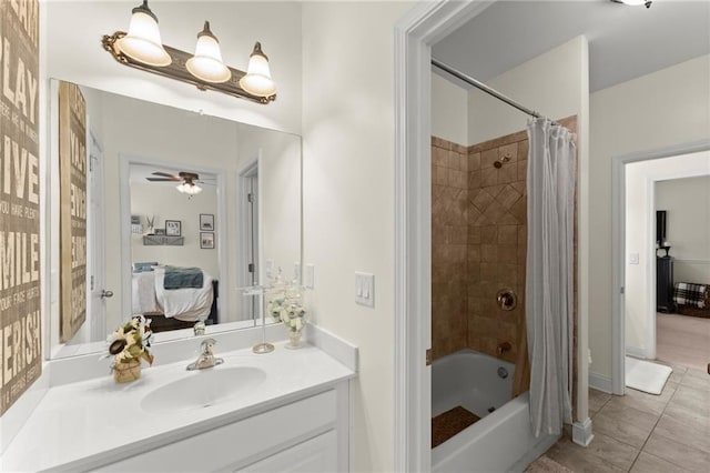 4896 Locklear Way, Marietta, GA 30066 - bathroom featuring ensuite bathroom, shower / bathtub combination with curtain, tile patterned flooring, vanity, and ceiling fan