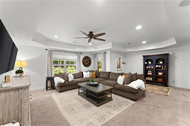 4896 Locklear Way, Marietta, GA 30066 - living area with a raised ceiling, light colored carpet, ceiling fan, and recessed lighting