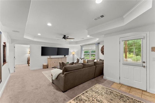 4896 Locklear Way, Marietta, GA 30066 - living area with a tray ceiling, ceiling fan, baseboards, crown molding, and recessed lighting