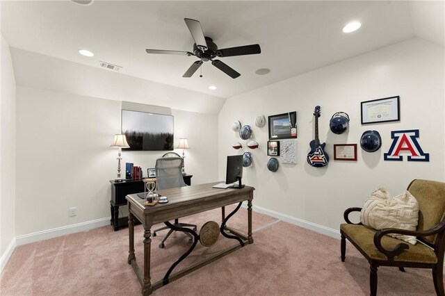 4896 Locklear Way, Marietta, GA 30066 - office area with a ceiling fan, light carpet, baseboards, recessed lighting, and vaulted ceiling