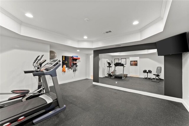 4896 Locklear Way, Marietta, GA 30066 - workout area with crown molding, recessed lighting, baseboards, and a tray ceiling
