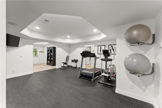4896 Locklear Way, Marietta, GA 30066 - workout area with arched walkways, a tray ceiling, baseboards, and recessed lighting