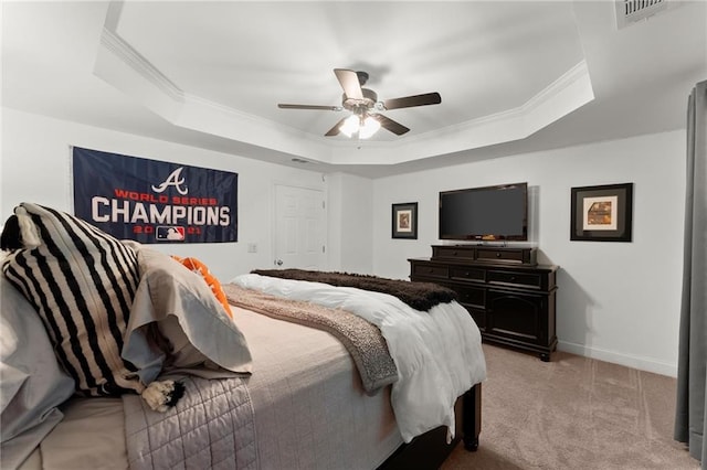 4896 Locklear Way, Marietta, GA 30066 - bedroom with a raised ceiling, crown molding, light colored carpet, baseboards, and ceiling fan