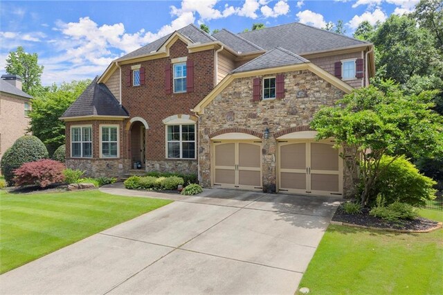 4896 Locklear Way, Marietta, GA 30066 - view of front of property featuring stone siding, driveway, a front lawn, and roof with shingles