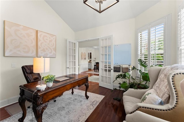 4896 Locklear Way, Marietta, GA 30066 - office area featuring french doors, dark wood-style flooring, vaulted ceiling, and baseboards