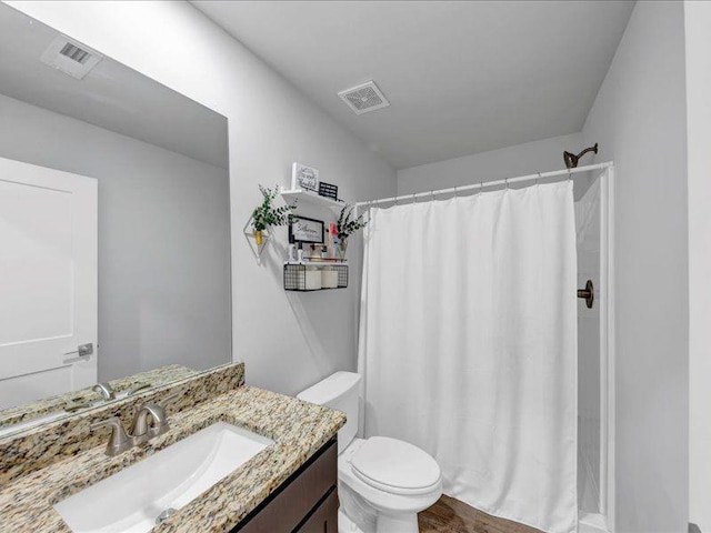 bathroom featuring toilet, vanity, and a shower with shower curtain