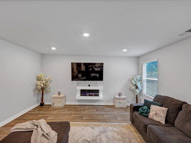 living area with wood finished floors, a fireplace, recessed lighting, and baseboards