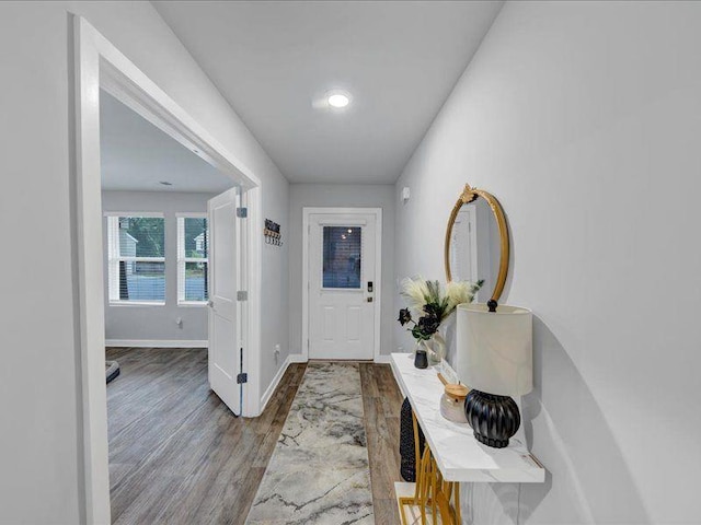 entrance foyer featuring wood finished floors and baseboards