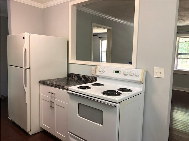 kitchen featuring white cabinetry, white appliances, dark wood-style flooring, and ornamental molding