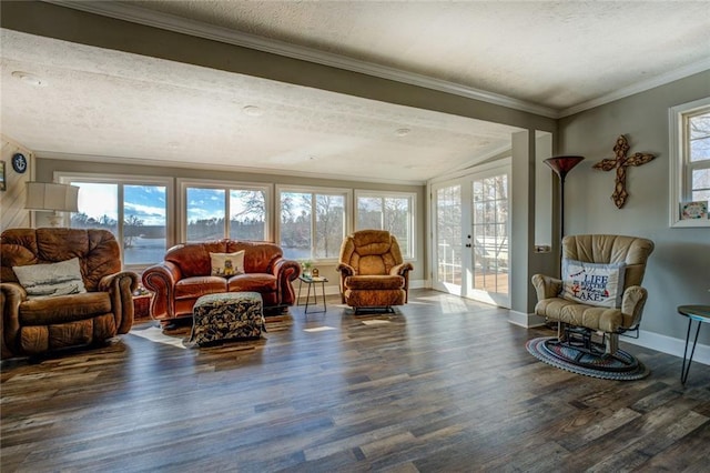 interior space featuring dark wood-type flooring, plenty of natural light, french doors, and crown molding