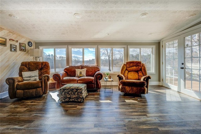 living room featuring a textured ceiling, french doors, dark wood-style flooring, and a healthy amount of sunlight