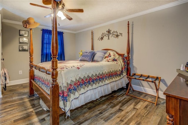 bedroom featuring ornamental molding, a ceiling fan, baseboards, and dark wood-style floors