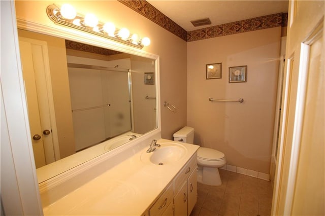 full bath with toilet, visible vents, tile patterned flooring, vanity, and an enclosed shower