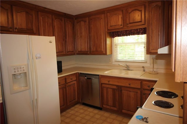 kitchen with dishwasher, light countertops, white fridge with ice dispenser, and a sink