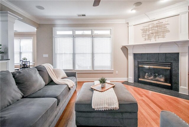 55 Little Barley Ln, Grayson, GA 30017 - living room featuring wood finished floors, a fireplace, crown molding, and baseboards