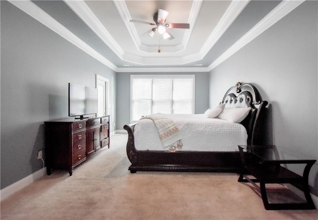 55 Little Barley Ln, Grayson, GA 30017 - bedroom with ornamental molding, a raised ceiling, light carpet, baseboards, and a ceiling fan
