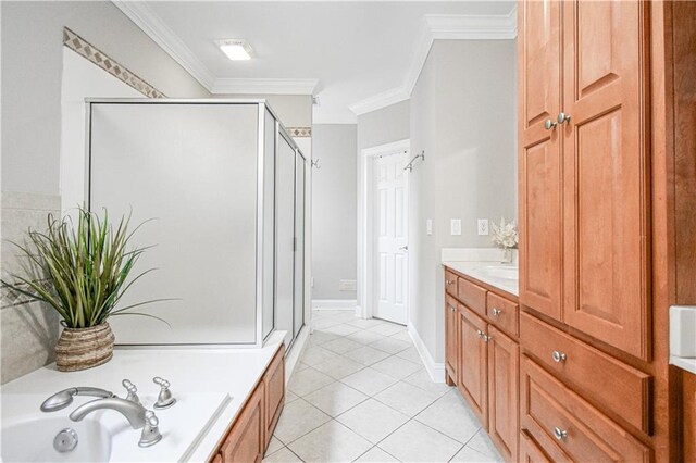 55 Little Barley Ln, Grayson, GA 30017 - full bathroom with a shower stall, tile patterned flooring, ornamental molding, a bath, and vanity
