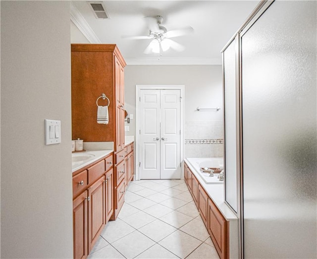 55 Little Barley Ln, Grayson, GA 30017 - full bath with crown molding, ceiling fan, tile patterned floors, vanity, and a garden tub