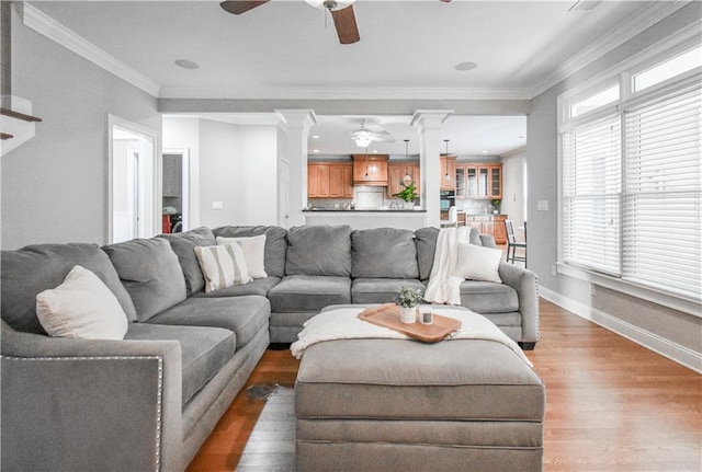 55 Little Barley Ln, Grayson, GA 30017 - living room with a ceiling fan, wood finished floors, ornate columns, crown molding, and baseboards