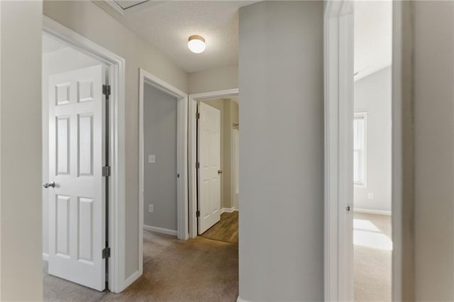 hallway with carpet flooring, a textured ceiling, and baseboards