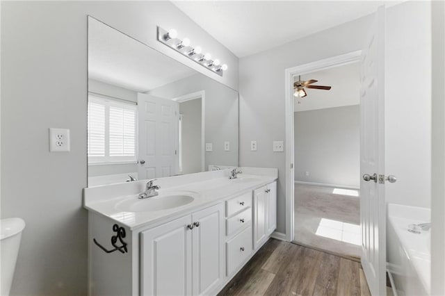 bathroom featuring double vanity, wood finished floors, a sink, and a washtub