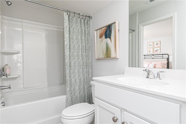 bathroom with toilet, visible vents, shower / bath combo with shower curtain, and vanity