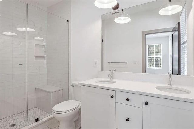 bathroom with toilet, vanity, and a shower with shower door