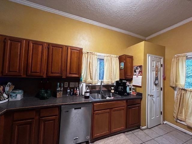 kitchen with stainless steel dishwasher, a textured ceiling, crown molding, sink, and light tile patterned floors