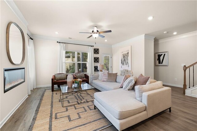 living room featuring ceiling fan, wood-type flooring, and ornamental molding