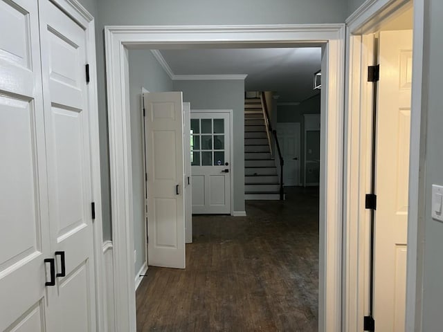 730 Redlion Run, Alpharetta, GA 30022 - corridor with dark wood-type flooring, baseboards, stairs, and ornamental molding