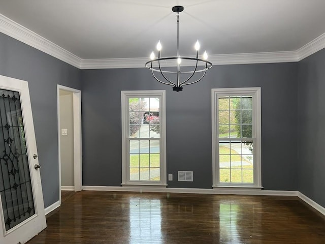730 Redlion Run, Alpharetta, GA 30022 - unfurnished dining area with a chandelier, baseboards, wood finished floors, and ornamental molding