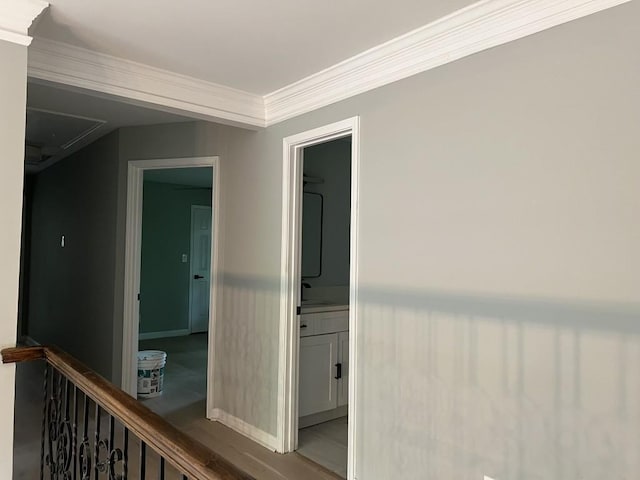 730 Redlion Run, Alpharetta, GA 30022 - hallway with attic access, ornamental molding, and baseboards