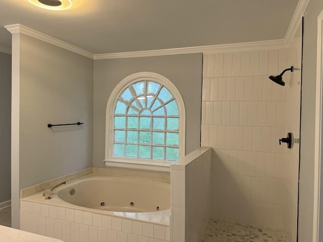730 Redlion Run, Alpharetta, GA 30022 - bathroom with a whirlpool tub, tiled shower, and crown molding
