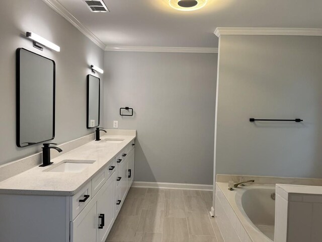730 Redlion Run, Alpharetta, GA 30022 - bathroom featuring double vanity, a garden tub, crown molding, and baseboards