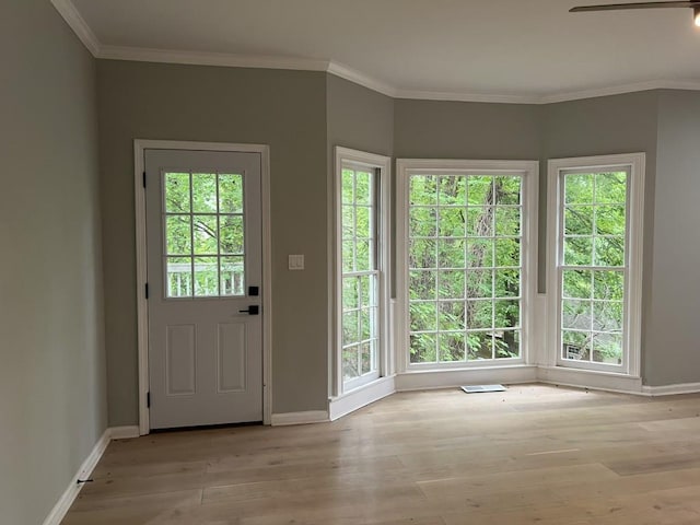 730 Redlion Run, Alpharetta, GA 30022 - doorway with light wood finished floors, baseboards, ornamental molding, and plenty of natural light