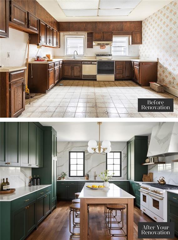 kitchen with high end white range oven, exhaust hood, white range, hanging light fixtures, and light hardwood / wood-style floors