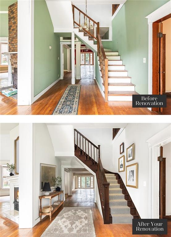 stairway featuring hardwood / wood-style flooring, plenty of natural light, and a fireplace