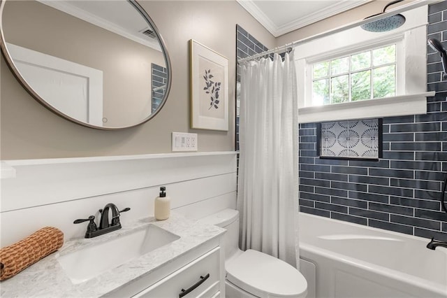 full bath featuring toilet, visible vents, shower / bath combination with curtain, vanity, and crown molding