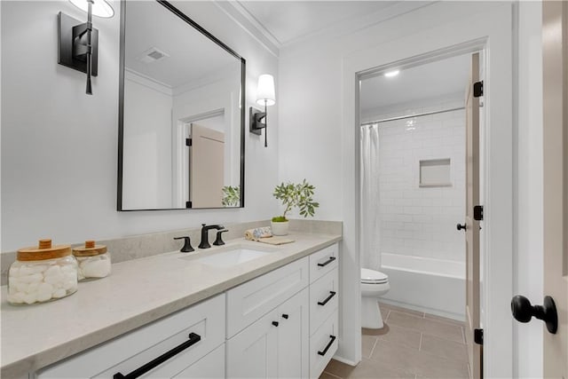 full bathroom with toilet, tile patterned flooring, vanity, crown molding, and shower / tub combo