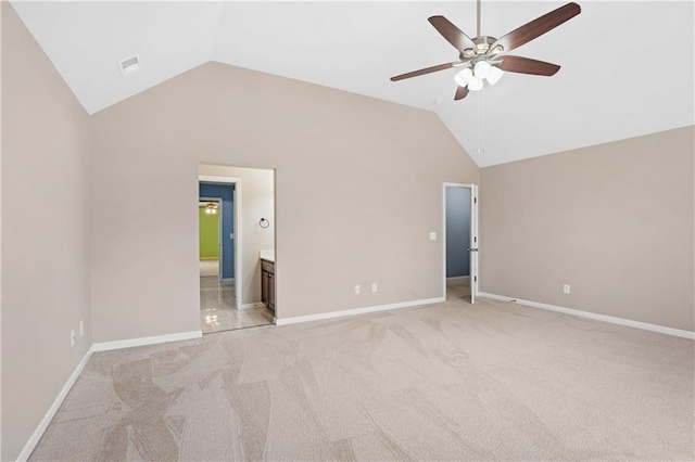 unfurnished bedroom with visible vents, a ceiling fan, ensuite bath, baseboards, and light colored carpet