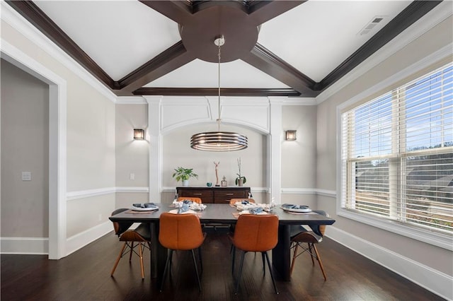 dining area with ornamental molding, ceiling fan with notable chandelier, and dark hardwood / wood-style flooring