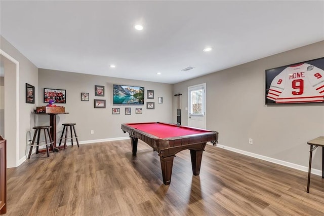 game room featuring pool table, recessed lighting, wood finished floors, and baseboards