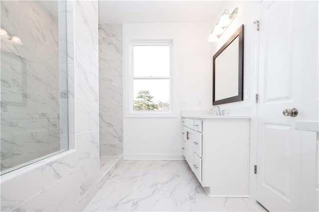 706 Dodd Ln Unit 157, Buford, GA 30518 - bathroom with vanity, marble finish floors, baseboards, and a marble finish shower