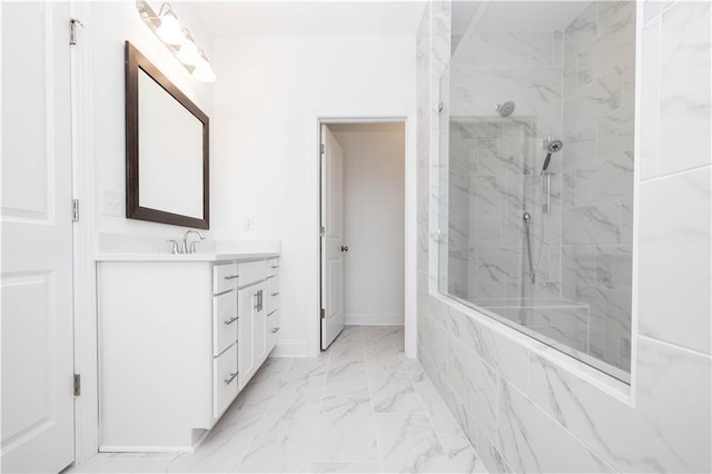 706 Dodd Ln Unit 157, Buford, GA 30518 - full bathroom featuring marble look tiles, vanity, a marble finish shower, and baseboards