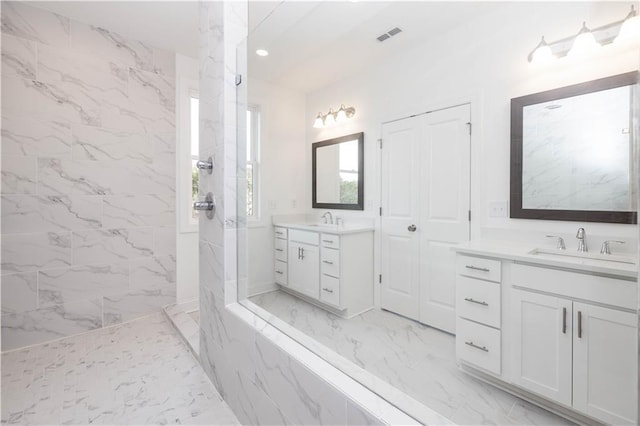 706 Dodd Ln Unit 157, Buford, GA 30518 - full bath featuring marble finish flooring, a marble finish shower, two vanities, and recessed lighting